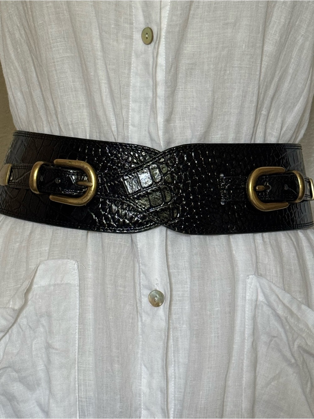Sezane Black Croc-Embossed Double-Buckle Waist Belt with Gold Hardware